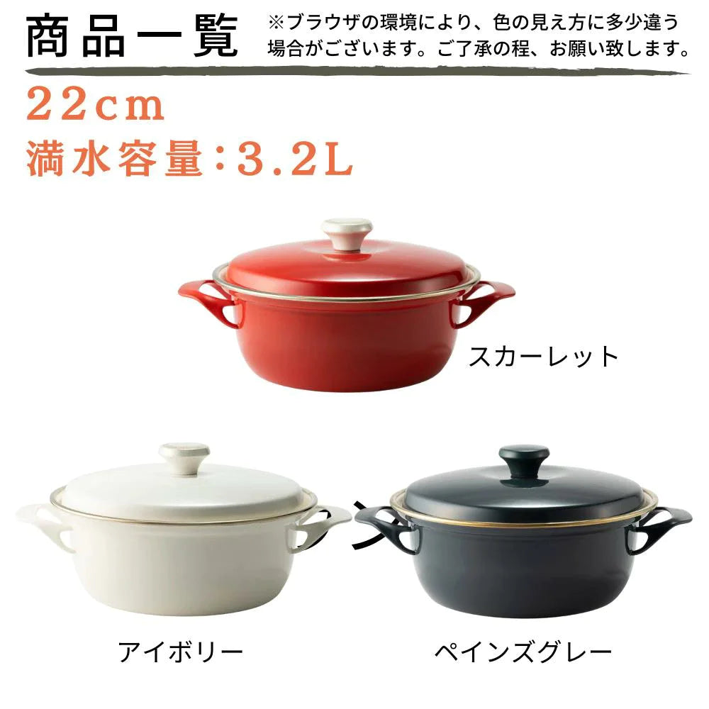 富士ホーロー EXシリーズ 22㎝キャセロール レシピ付き 約W320×D255×H145mm 容量3.2L ホーロー 選べる3カラー ガス火対応 IH対応 オーブン対応