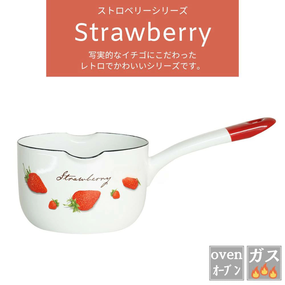 富士ホーロー ストロベリーシリーズ ミルクパン 片手鍋 12㎝ W250×D140×H100mm 容量0.8L 0.4㎏ ホーロー いちご 苺 ガス火対応 IH対応 オーブン対応