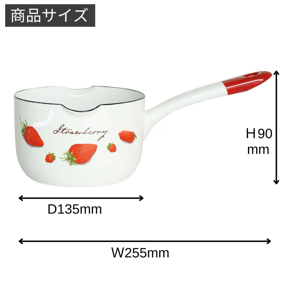 富士ホーロー ストロベリーシリーズ ミルクパン 片手鍋 12㎝ W250×D140×H100mm 容量0.8L 0.4㎏ ホーロー いちご 苺 ガス火対応 IH対応 オーブン対応