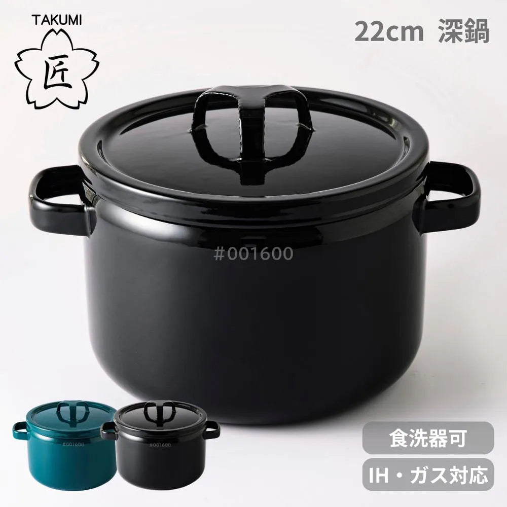 富士ホーロー 匠シリーズ キャセロール 22cm 両手鍋 深鍋 大きめ 約W29xD23.5xH18.5cm 容量5.6L 食洗機対応 ガス火対応 IH対応 鍋 琺瑯 シック