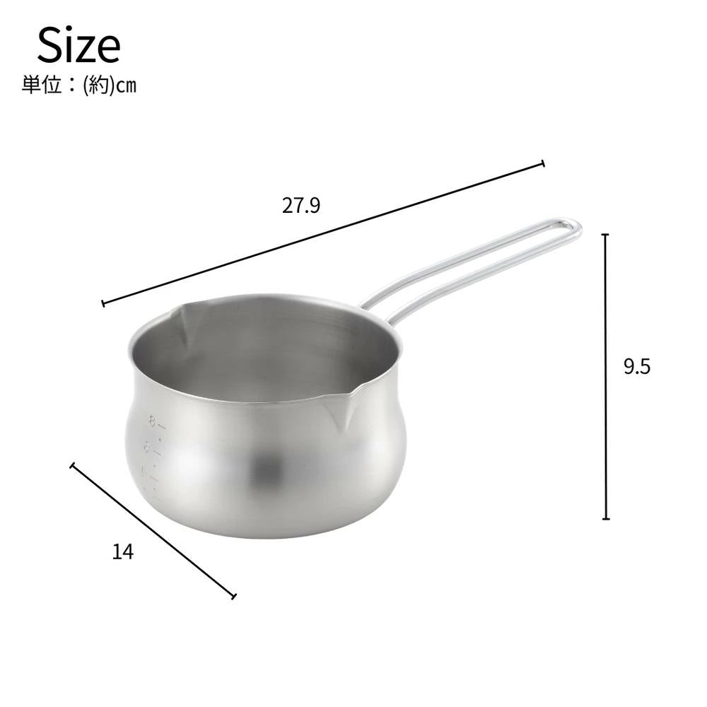 ヨシカワ 郷技  ステンレスミルクパン 14cm 全長27.9×全幅14×全高9.5cm 満水容量1.1リットル 片手鍋 燕三条 IH ガス火対応 メモリ付き シンプル 両側注ぎ口 日本製