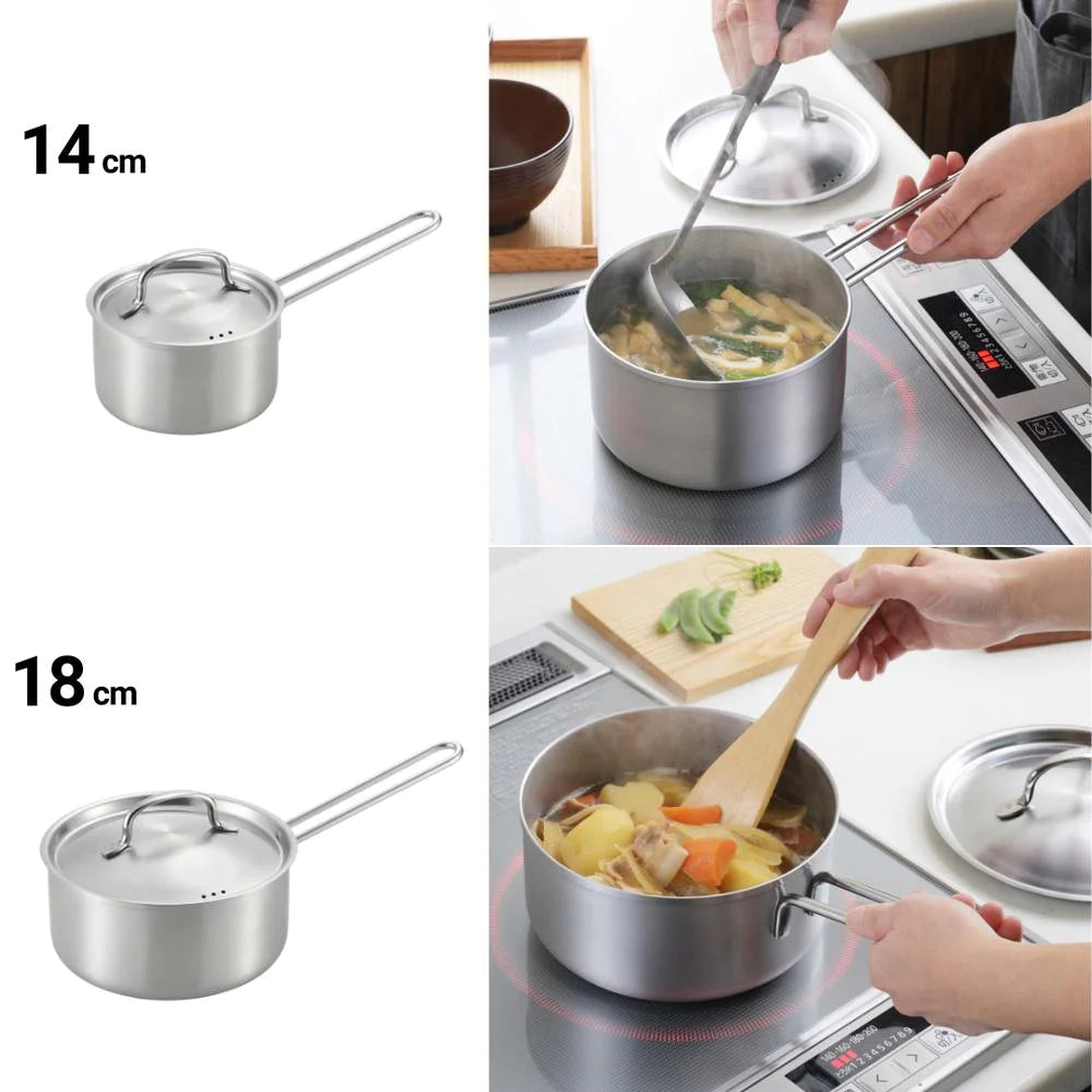 ヨシカワ 郷技 ステンレス片手鍋 蓋つき 14cm 18cm 選べる2サイズ 1.2リットル 2.3リットル 片手鍋 燕三条 IH ガス火対応 日本製