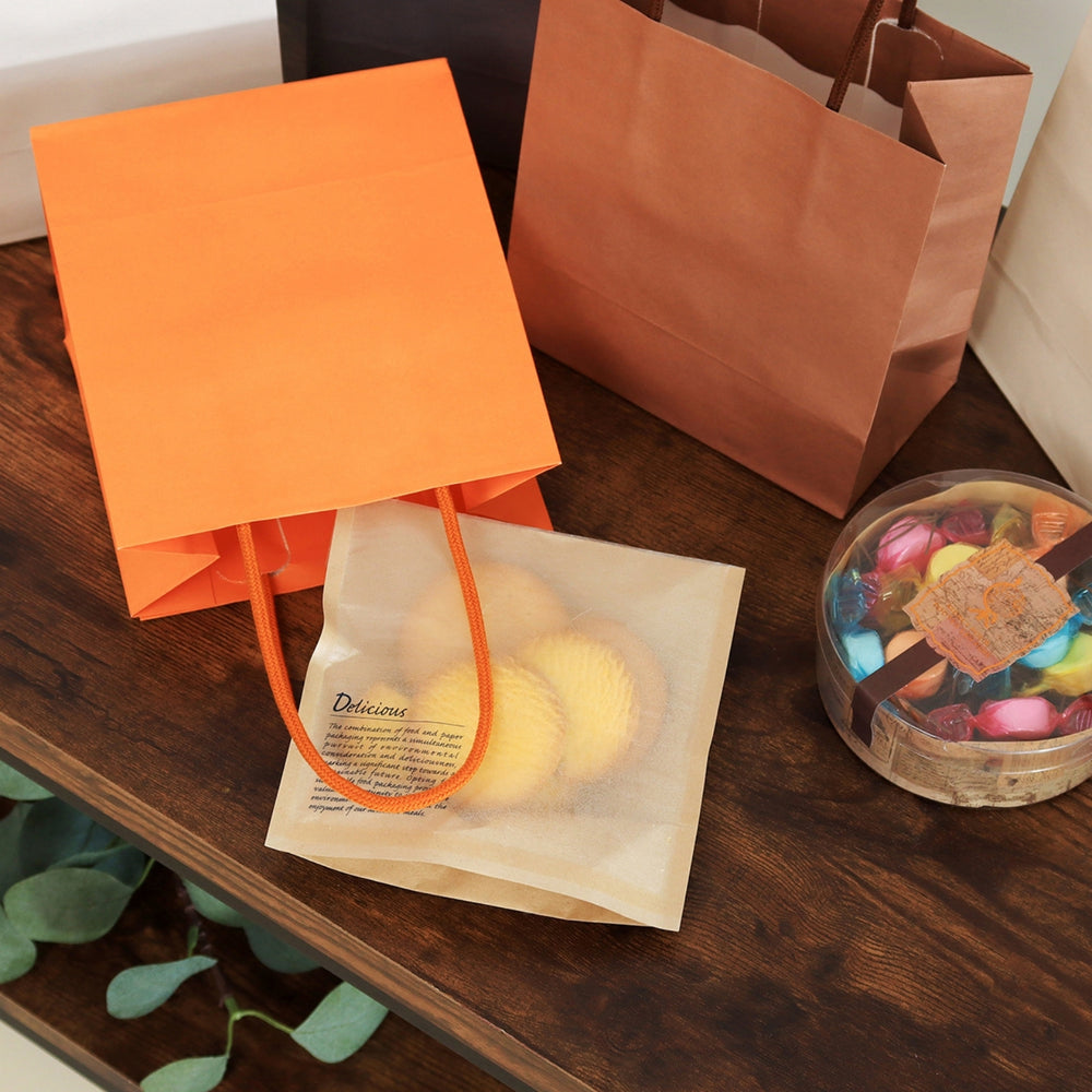 【100枚セット】ＯＲＡＮＧＥ　ＡＰＲＯＮ 紙袋 手提げ 5色×10枚 計100枚 ( 16.5×15×マチ8cm ) 縦型 無地 丸紐 [JANコード：4976416022874]
