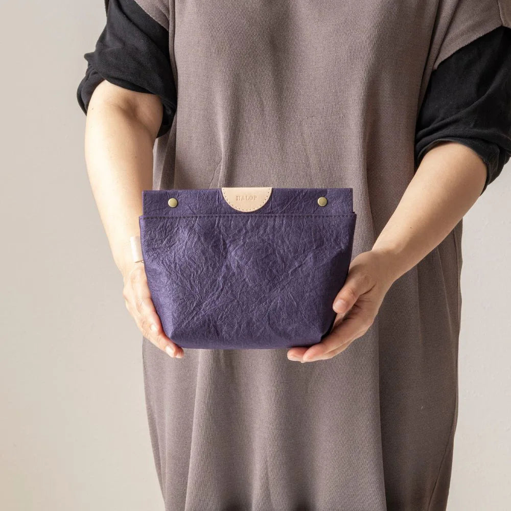 HALOP ハロップ 和紙と播州織のガセットポーチ 22cm スナップ マチあり 小物入れ シンプル 杉原紙 おしゃれ 手作り 日本製