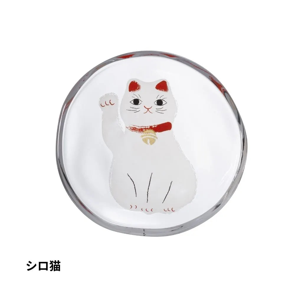 アデリア 招き猫 豆皿 ガラスプレート 約90mm×口径90mm 高さ18mm まねき猫 食器 小皿  化粧箱入 日本製