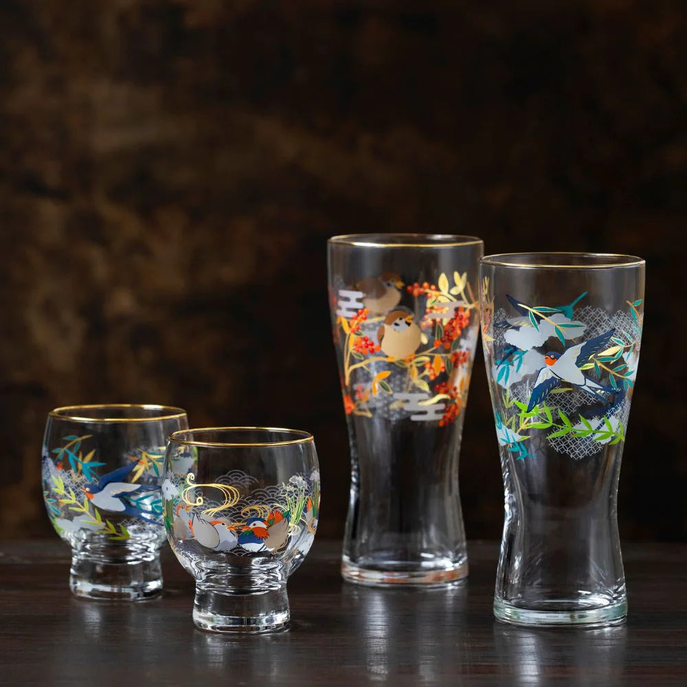 アデリア 吉祥花鳥 酒グラス 最大65mm×口径58mm×高さ78mm 容量145ml 化粧箱入り 鳥 雀 南天 鴛鴦 菖蒲 燕 柳 日本製