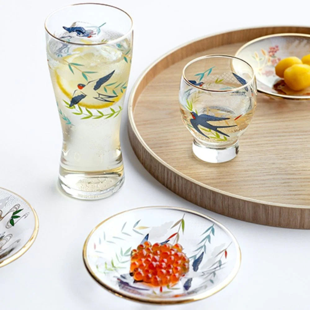 アデリア 吉祥花鳥 酒グラス 最大65mm×口径58mm×高さ78mm 容量145ml 化粧箱入り 鳥 雀 南天 鴛鴦 菖蒲 燕 柳 日本製