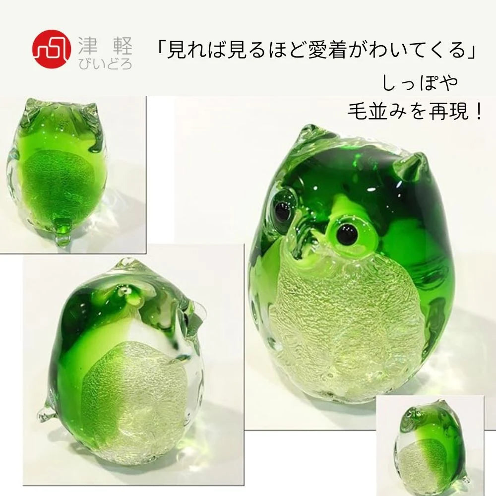 アデリア 津軽びいどろ 親ふくろう 翠 木台 木札付き 鳥 置物 ガラス細工 ハンドメイド 縁起物 オーナメント ギフト 日本製