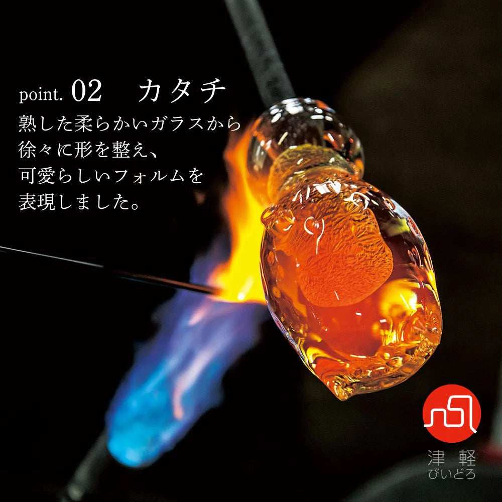 アデリア 津軽びいどろ ふくろう2匹セット 木台付き 親子ふくろう クリア  鳥 置物 金 ガラス細工 ハンドメイド 縁起物 オーナメント ギフト 日本製