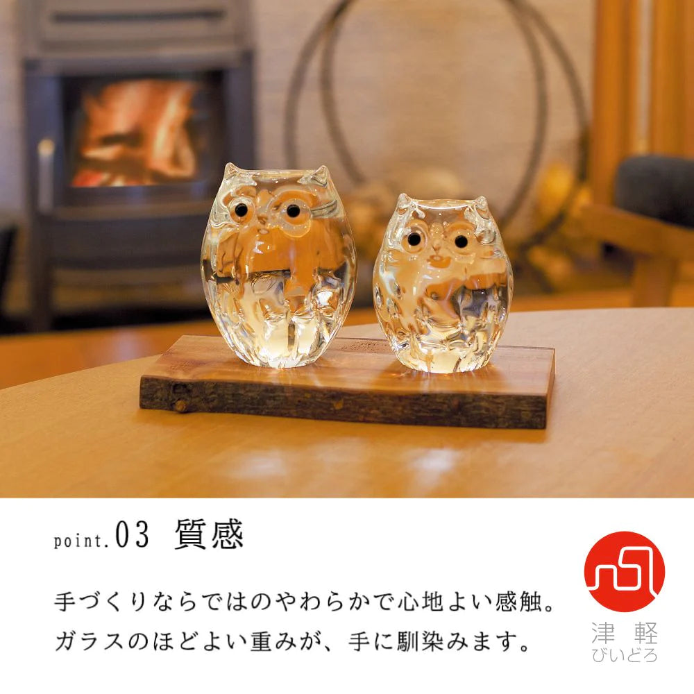 アデリア 津軽びいどろ ふくろう2匹セット 木台付き 親子ふくろう クリア  鳥 置物 金 ガラス細工 ハンドメイド 縁起物 オーナメント ギフト 日本製