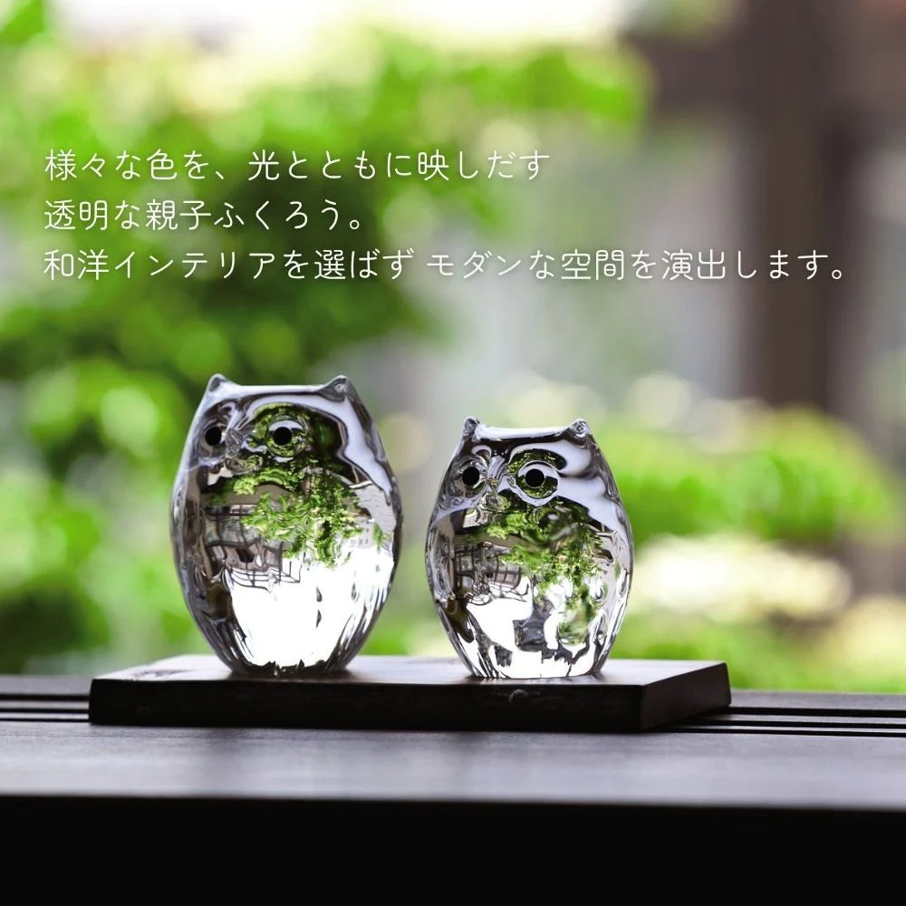 アデリア 津軽びいどろ ふくろう2匹セット 木台付き 親子ふくろう クリア  鳥 置物 金 ガラス細工 ハンドメイド 縁起物 オーナメント ギフト 日本製