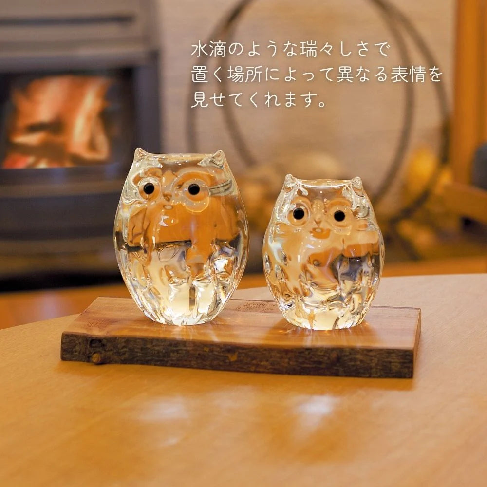 アデリア 津軽びいどろ ふくろう2匹セット 木台付き 親子ふくろう クリア  鳥 置物 金 ガラス細工 ハンドメイド 縁起物 オーナメント ギフト 日本製