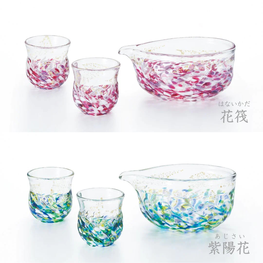 津軽びいどろ 花うつし 花筏 紫陽花 ガラス 酒器セット 化粧箱入り ギフト 贈り物 ハンドメイド 手作り おしゃれ 日本酒 日本製
