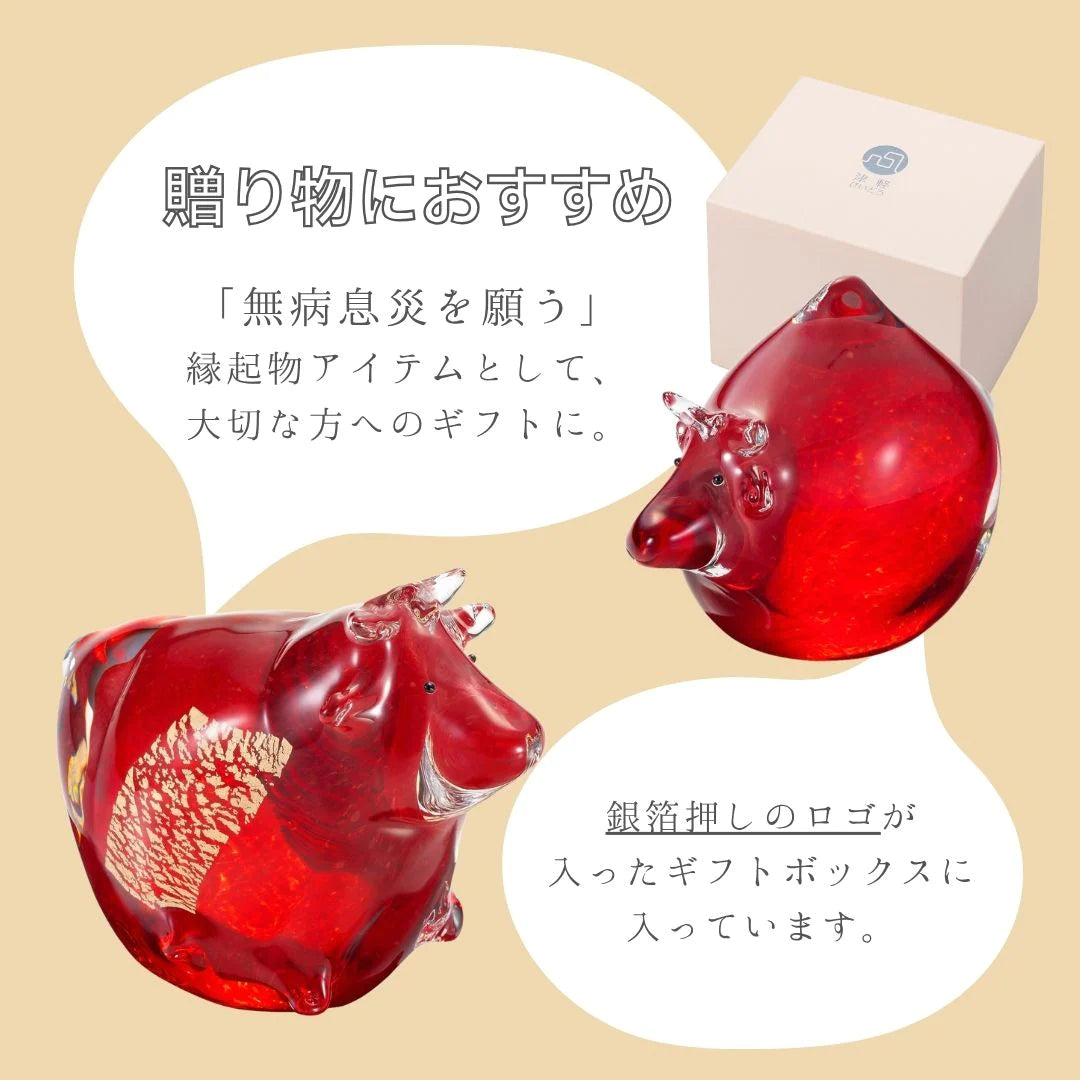 津軽びいどろ 赤べこ ガラス 牛 木台 木札 置物 縁起物 インテリア オーナメント ギフト プレゼント 贈り物 ハンドメイド 手作り 日本製