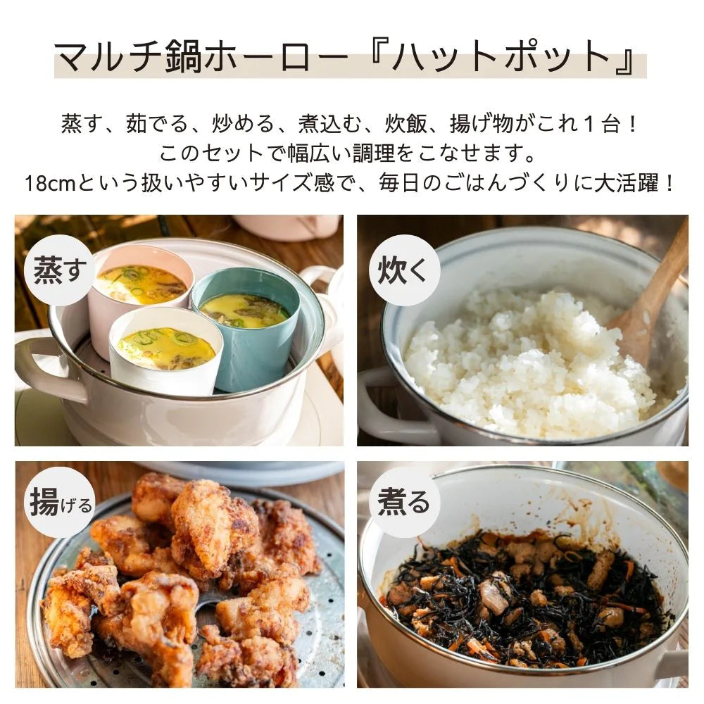 富士ホーロー マルチホーロー鍋 ハットポット 蒸し器付き 18cm 5点セット 両手 揚げ物 炊飯 オーブン IH ガス火対応 そのまま保存 琺瑯