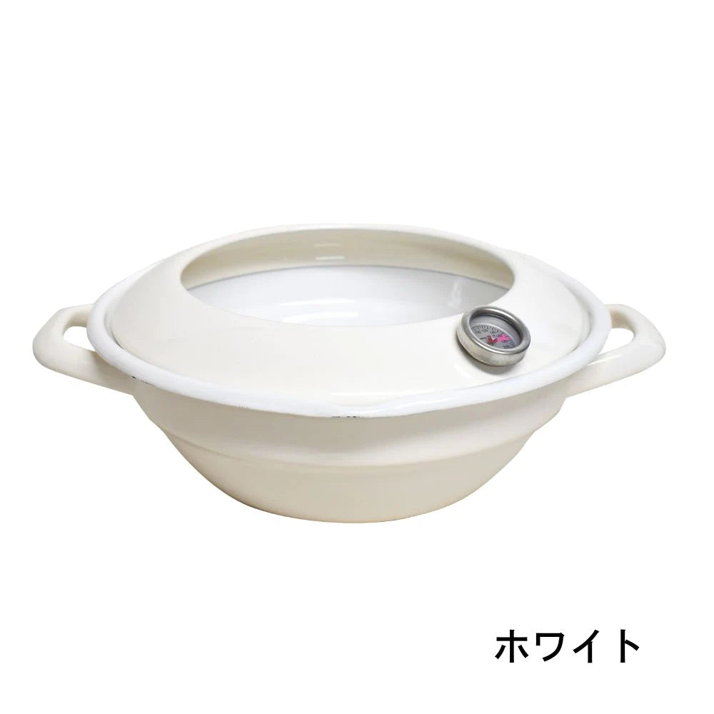 富士ホーロー 24cm天ぷら鍋 （温度計 油はねガード付）2.8L(適正油量:1.0L) ホワイト ブラック ホーロー 琺瑯 ガス火対応 直火対応 IH対応