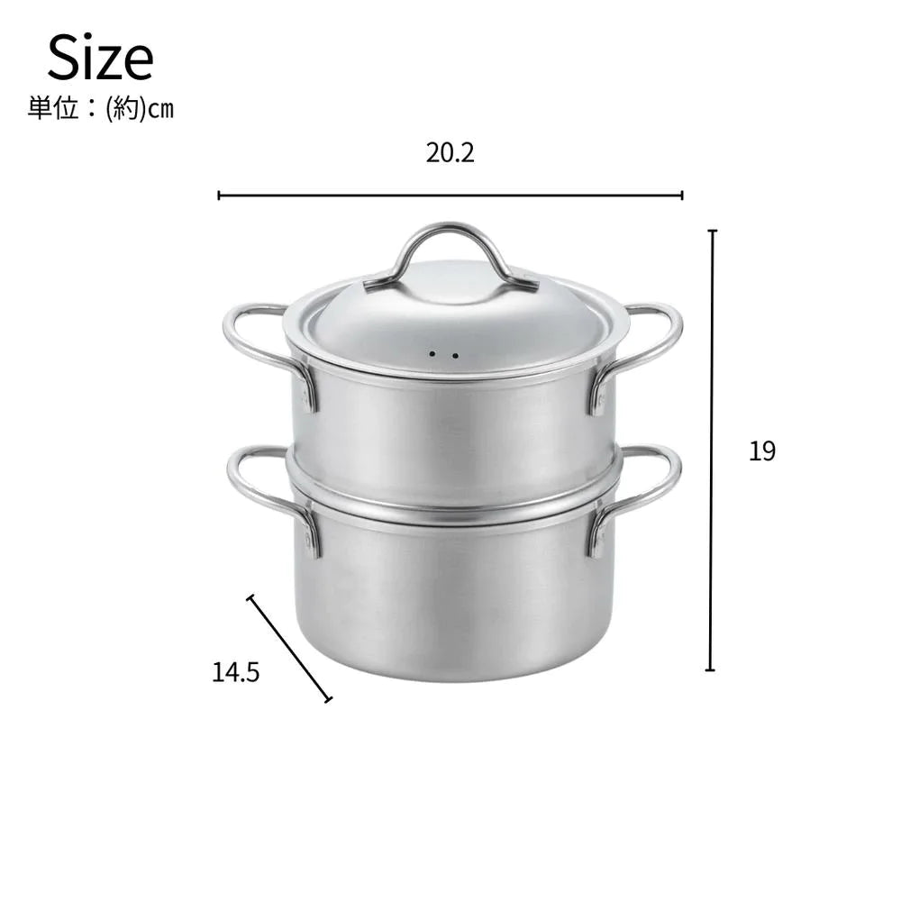 ヨシカワ 郷技 両手2段蒸し器 14cm 全長20.2×全幅14.5×全高19cm オールステンレス 燕三条 IH ガス火対応 お手入れ簡単 日本製